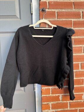LINE Women’s 100% Cashmere Sweater Black with Ruffle Size M V-Neck Classic